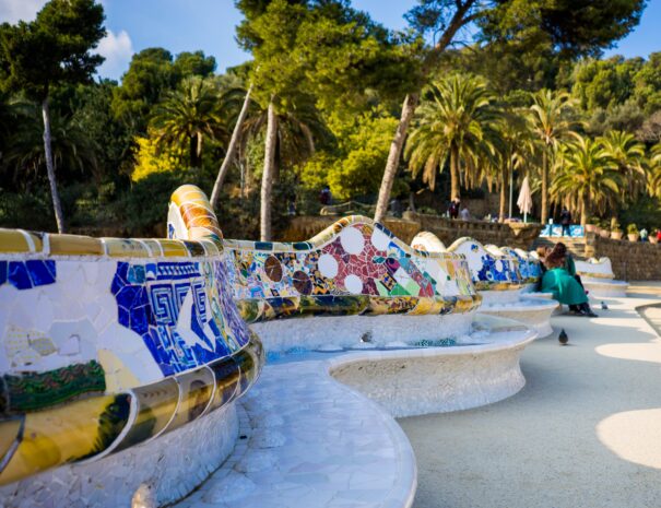Park Guell. Spectacular bench made with the trencadis tecnique. Designed by Josep Maria Jujol and Antoni Gaudi