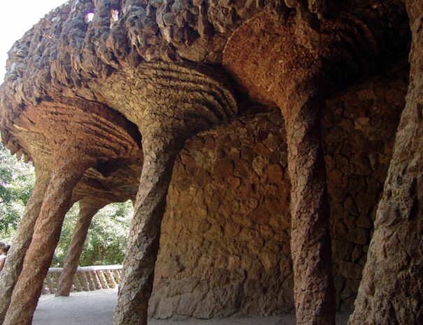 Park Guell. Amazing twisted stone columns. Designed by Antoni Gaudi.