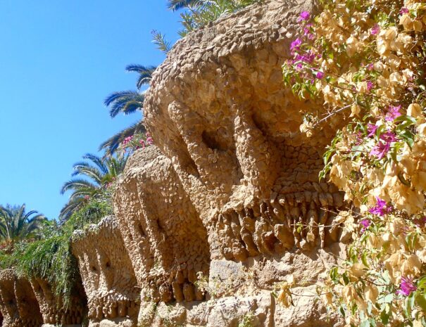 Park Guell. wonderful palm Trees made of stone. Designed by Antoni Gaudi.