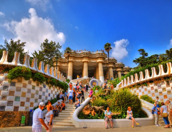 Park Guell. Main access with the lizard fountain Designed by Antoni Gaudi.
